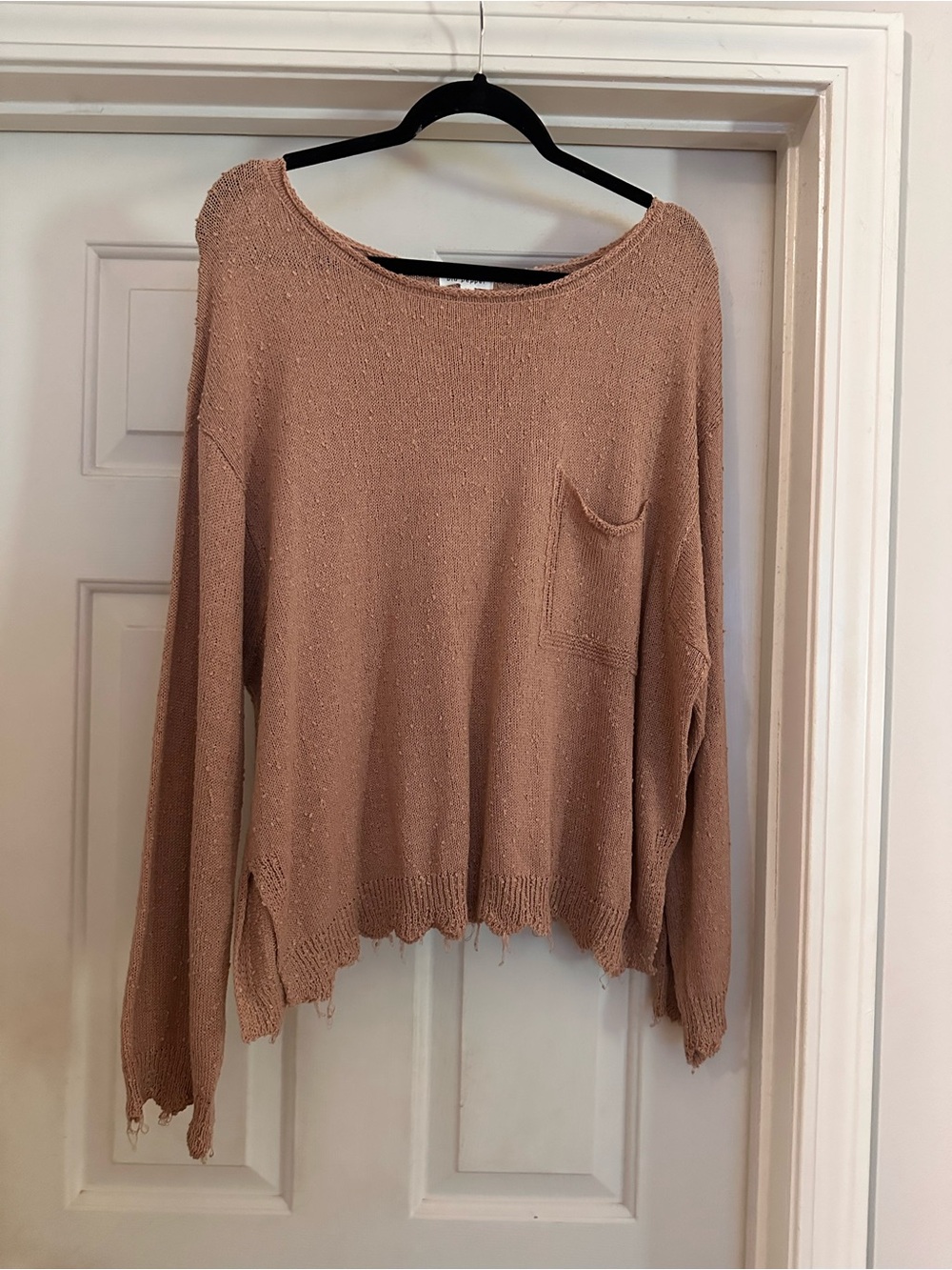 Blu Pepper Distressed Scoop Neck Pocket Sweater - Blush Tan